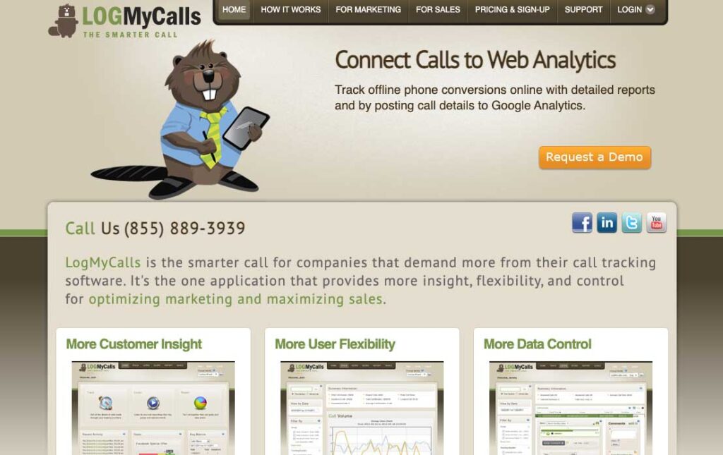 Website for LogMyCalls in 2011 featuring new logo branding